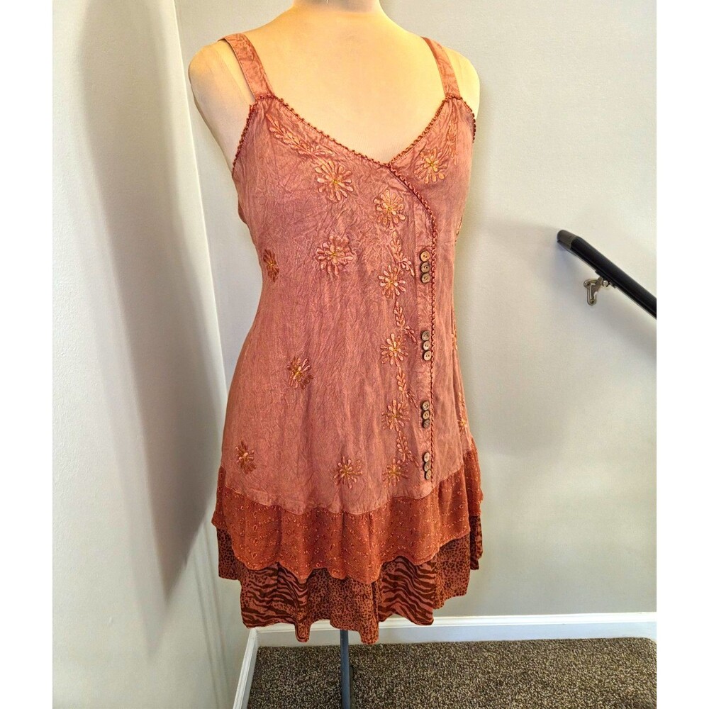 Vtg y2k/2000s Raya Sun Floral Brown Mini Dress Embroidered Boho Fairy Hippie